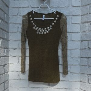 Olive Green Sweater with Lace Sleeves and Beaded Neckline